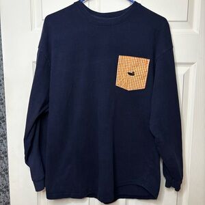 Southern Marsh Navy Long Sleeve Tee with Orange Checkered Pocket Appliqué Logo
